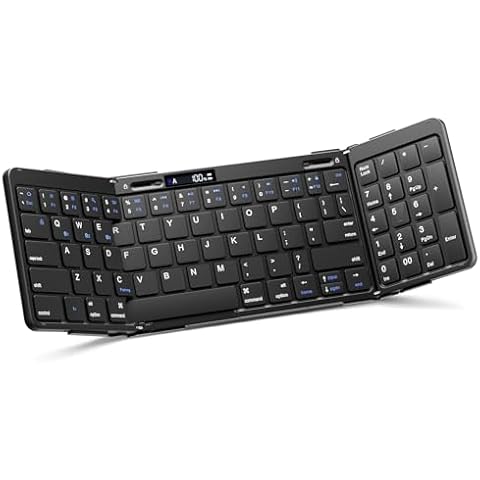 Foldable Bluetooth Keyboard, Full-Size Folding Portable Keyboard with Numeric Keypad, Battery Display & Lock Hinge, Travel Wireless Keyboard for Tablet Smartphone Laptop PC Windows iOS Android Cover