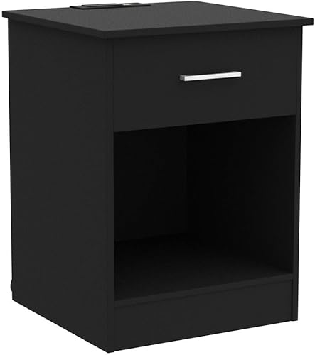 Miniatura 5 de Reettic Mesita de noche con tomas de corriente y tira de LED, mesa auxiliar de sofá con estación de carga y puertos USB, mesa auxiliar de madera,