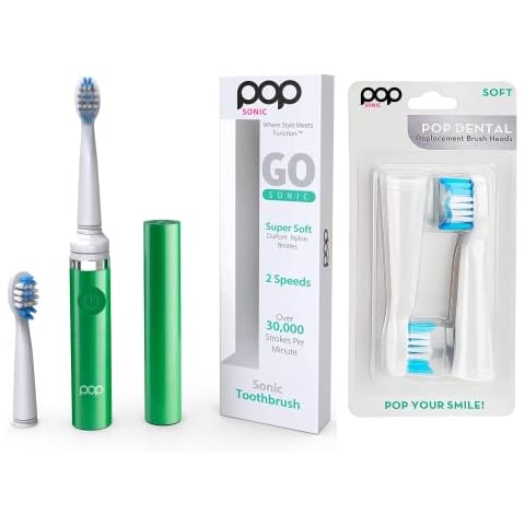 Pop Sonic Electric Toothbrush (Green) Bonus 2 Pack Replacement Heads- Travel Toothbrushes w/AAA Battery | Kids Electric Toothbrushes with 2 Speed & 15,000-30,000 Strokes/Minute Cover