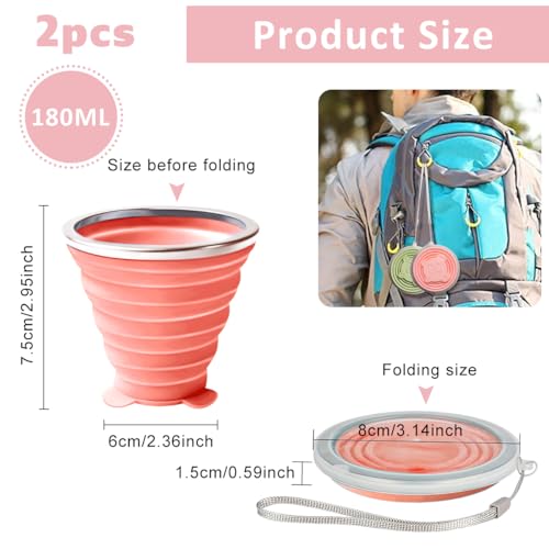 Image of HASTHIP 2 Pack Collapsible Cup For Travel Accessories Small Silicone Foldable Glass Cups With Lids Camping Accessories For Outdoor Reusable Expandable Drinking Cup Travel - Pink&Green ,180 Ml