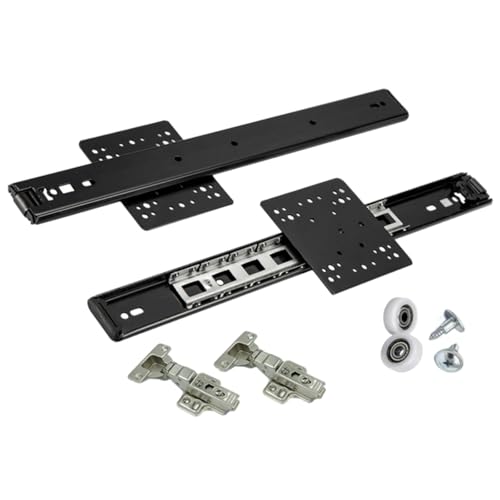 Juego de herrajes para puerta de 2 bolsillos de 19.7 pulgadas, deslizamiento oculto giratorio para puerta, riel plegable insertado para gabinete, rieles de puerta corredera para gabinete de TV miniatura 1
