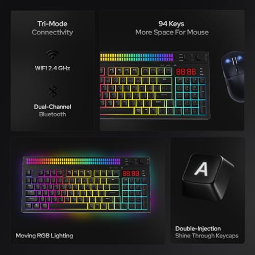 Image of AZOTH Eclipse Black 94 Keys Trimode Gaming Membrane Keyboard, RGB Backlit, Wireless Bluetooth 2.4G & Wired, 2 Knobs, Rhythm Light, Volume & Brightness Control, for PC Mac Laptop, 2000mAh Battery
