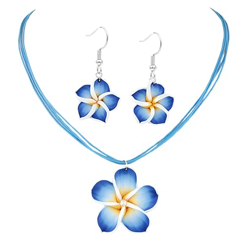 POYAMUSE Hawaiian Colorful Plumeria Flower Necklace Earrings Set - Tropical Beach Party Accessories for Women Vacation Luau Events Jewelry-blue