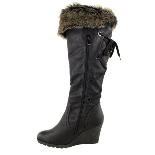 Fashion Thirsty Womens Faux Fur Lined Mid Wedge High Heel Warm Winter Knee Calf High Boots Size 9 #TOP2