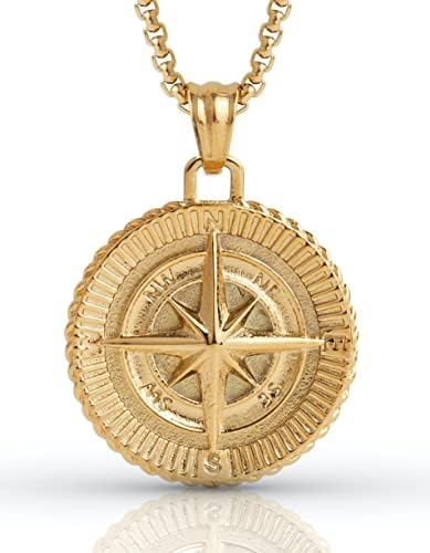 Forge & Foundry Men's Compass Pendant Necklace with 22" Box Chain Included [Polished 18K Gold Over Solid Stainless Steel | “Navigator” | Refined Hand-Crafted Jewelry, Designed by Jewelers