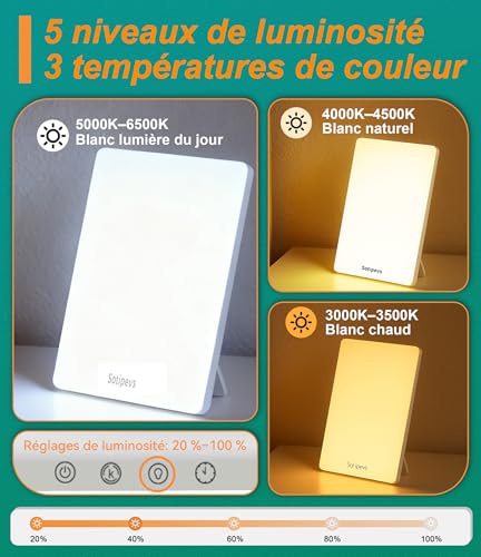 Lampe de Luminothérapie 15000 Lux, Simulation de la Lumière du Jour, 30cm Lampe à Lumière du jour compacte avec 3 Températures de Couleur, 5 Niveaux de Luminosité, 6 Minuteries et Fonction de Mémoire – vue 2