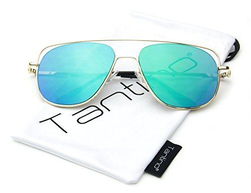 Tantino Futuristic Double Bridge Aviator Mirror Lens Sunglasses (Green, UV400)