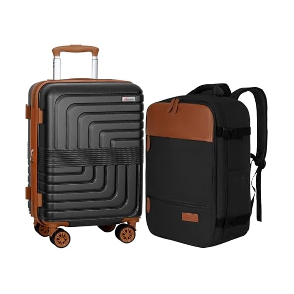 Romswi 21In Carry Sets, Expandable Carry On Luggage Set with Backpack, PC+ABS Hardside Carry-On Suitcase Set with YKK Zipper & Spinner Wheels Black