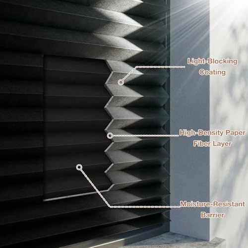 Zipcase 6 Pack Window Blackout Shades, 100% Shading Cordless Light Filtering Pleated Paper Shades, 36 in x 72 in(Fits Windows 19”- 36”), Black - Thumbnail 3