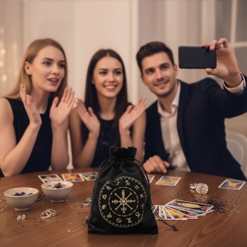 Image of PATPAT 2Pcs Tarot Cards Deck Drawstring Bags 13x18cm, Black and Purple, Mysterious 12 Zodiac Compass Printed Flocking Fabric Tarot Card Storage Bags, Cards Deck Supplies, Gifting