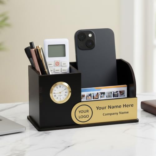Image of Deskart Personalized Wooden Desk Organizer with Clock & Name Plate | Premium MDF Pen Stand, Mobile Holder, Visiting Card Holder & Office Table Organizer for Home and Office Desk