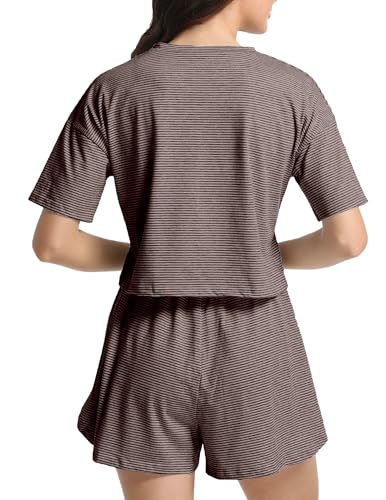 Image of Split Short Pajama Set Soft Women's Striped Pajama Sleeve Tee & Elastic Waist Shorts Summer Lounge Sleepwear