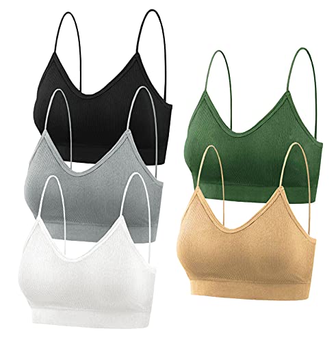 FEOYA Damen BHS Ohne Buegel Push up Yoga BH Bra Top 5er Set Sport-BHS Elastische Bralett-Schwarz+Weiß+Grau+Grün+Khaki-XL