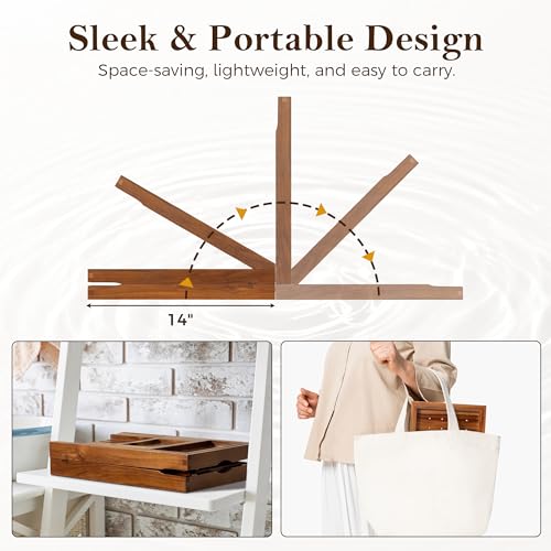 Teak Bathtub Tray for Tub, Expandable Bath Tray 28–40in, Foldable Bathtub Caddy with Wine Glass Holder, Phone & Book Stand, Wooden Bath Tray Organizer, Luxury Bathroom Accessories Gift - Light Walnut by Fun Memories - Used condition - Image 6