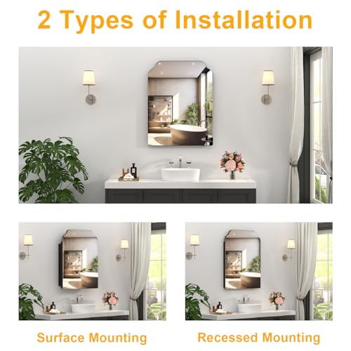 Image of 20 inchx26 inch Black Irregular Recessed Medicine Cabinet Mirror, Frameless Victorian Bathroom Decorative Mirror with Storage, Surface Mount Medicine Cabinets for Bathroom, Full Metal, 2 Removable Shelves