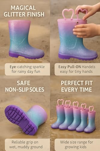 A2Z 4 Kids Girls Glitter Rainbow Gradient Wellington Boots Heart Handle - Wellies 1415 Gradient 6 UK Child