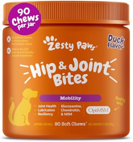 Zesty Paws Hip and Joint Supplement for Dogs – Glucosamine with Chondroitin, MSM, Vitamins C and E Dog Joint Relief – Mobility Bites Duck – 90 Count