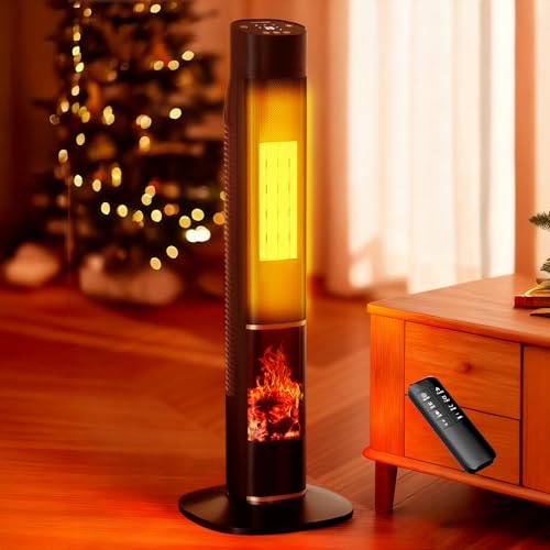 Uthfy 32" Space Heater for Large Room, 1500W Electric Heater for Indoor Use with 24H Timer & 3D Flame, 120° Oscillation, ECO Mode, Child Lock, Remote, Portable Tower Heater for Room, Bedroom Office by Uthfy - Used condition - US$64.53