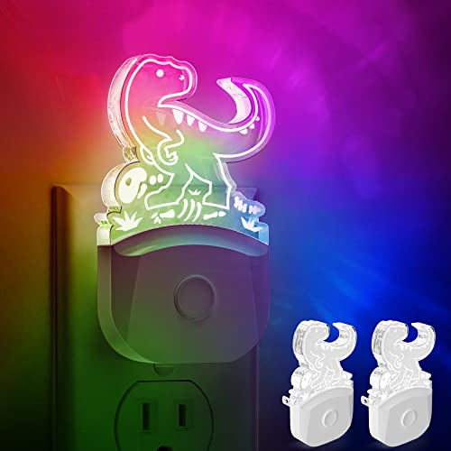Image of L LOHAS LED Dinosaur Night Light for Kids, Nightlight Plug in, Dusk-to-Dawn | Velociraptor LED Night Lights Plug into Wall, RGB+Soft White 3000K, 3 Lighting Modes, Ideal for Nursery Room, 2 Pack