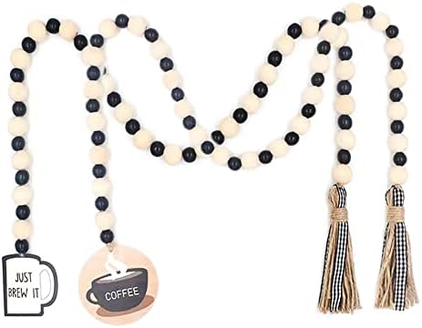 Comihome 2 Pieces Coffee Bean Wood Bead Garland,Modern Farmhouse Tiered Tray Decor for Holiday,Kitchen Wall Hanging Wooden Beads with Tassels,Modern Tassel for Coffee Bar and Home Decorations