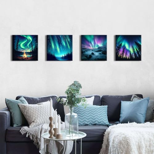 Northern Lights Wall Art Aurora Mountain Scenery Pictures Wall Decor Colorful Forest Landscape Canvas Prints Paintings Nature Aurora Borealis Posters Farmhouse Artwork Living Room Decoration 12x12” by AREBOLO - Used condition - Image 4