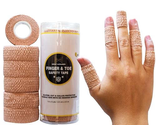 GRIP MAMBA Finger & Toe Safety Tape, 1 inch Wide Flexible Protective Tape w/No Residue Adhesive, Cut Callus & Blister Protection, Sleeve Support & Stretch Bandage Wrap for Fingers Toes, 6 Rolls-Beige
