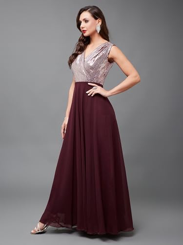 Image of Miss Chase Women's Round Neck Sleeve Embellished Fit Flare Maxi Dress