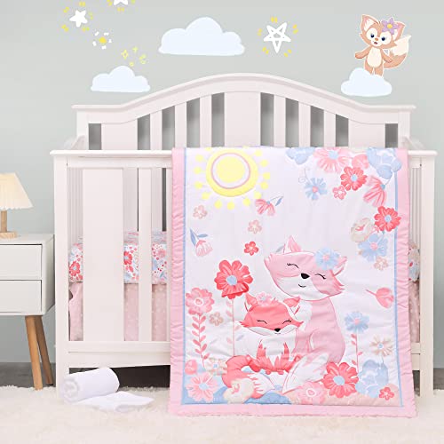 Honkaii Sunshine Fox Crib Bedding Set 4-Piece, Baby Nursery Bedding Sets Including Crib Quilt, Crib Skirt, Crib Sheet, Baby Blanket, Pink Crib Sets For Girls #TOP23