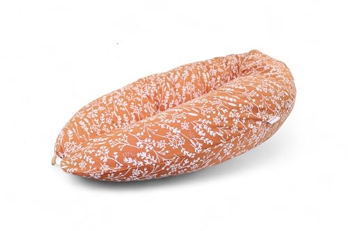 HOBEA-Germany Coussin d'allaitement 190 cm x 76 cm XXL Coussin de Grossesse Coussin pour Dormir sur Le côté avec Housse en Coton Biologique (Fleurs Sauvages Rouge Rouille)