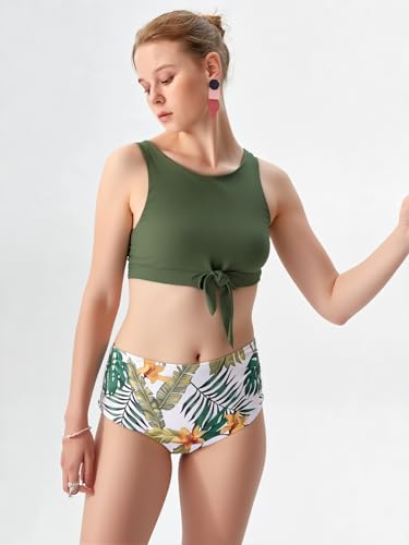 IFFEI Family Matching Swimsuits Two Pieces Bikini Set Floral Leaf Printed Mommy and Me Bathing Suits2