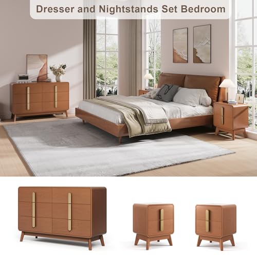 Image of JOINICE Mid Century Modern Dresser and Nightstand Sets for Bedroom, Cherry | Night Stand Set of 2 with Matching 47 inch Dresser, Large Chest of Drawers for Storage with Gold Handles, 3 Pieces Accent Set