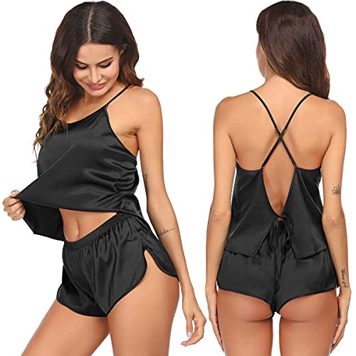 Ekouaer Pajamas Sexy Women Satin Sleepwear Lingerie 2 Piece Silk Pjs Cami top and Shorts Sleep Camisole Nightwear Gift
