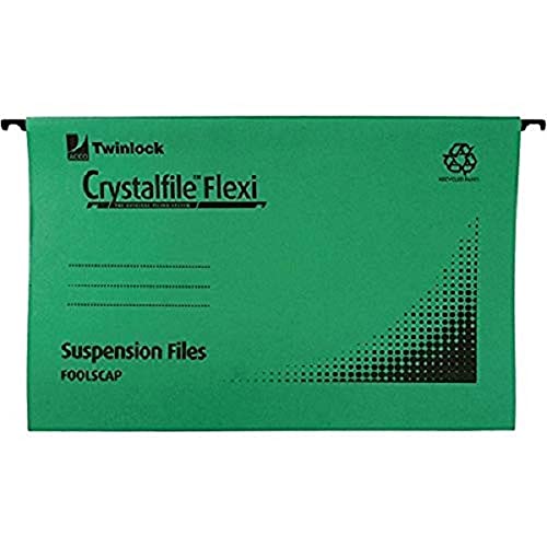 Rexel Foolscap Suspension Files with Tabs and Inserts for Filing Cabinets, 15 mm V-base, Manilla, Green, Crystalfile Flexifile, Pack of 50, 3000040