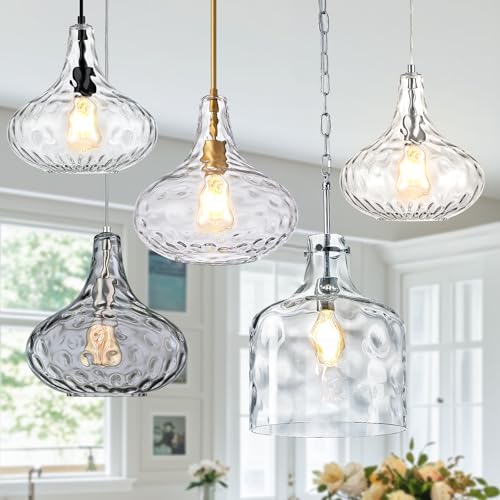Glass Large Pendant Lights for Kitchen Island Blown Glass Pendant Light Clear Hammered Shade Hanging Ceiling Lights with Black Finish for for Kitchen Island, Sink, Hallway, Living Room 11 inch by CATINER - Image 6