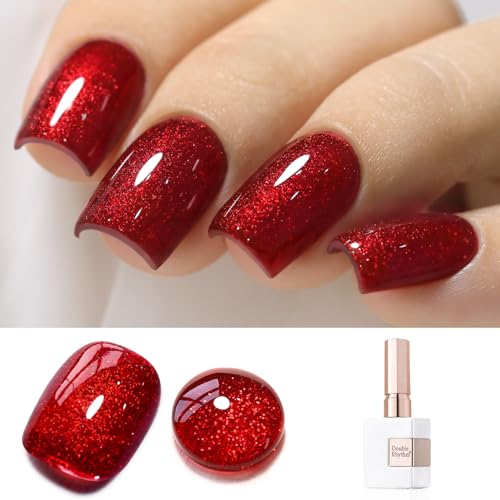 Double Rhythm 15ML Glitter Gel Polish Shimmer Reflective Holographic Color Magnetic for Nail Art Salon DIY at Home (Dark Red-B1155)
