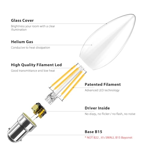 LVWIT 4W C35 Small Bayonet Bulb 40W Incandescent Bulbs Equivalent, B15 LED Filament Candle Bulb,470Lm, 2700K Warm White Candle B15 Bulbs Small Bayonet,220-240V,NO-Dimmable,(35MM*97MM/ 6 PCS) - Image 3