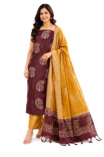 Image of HAIDER ALI AND SONS Women's Cotton Silk Batik Print Unstitched Dress Material with Dupatta | Handloom Salwar Suit Material | Kurta Fabric, Bottom & Dupatta Set | Ethnic Wear for Office