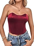 LYANER Women's Sexy Satin Sliky Sweetheart Neck Crop Tube Tops Strapless Bustier Cami Corset Top Wine Red X-Small