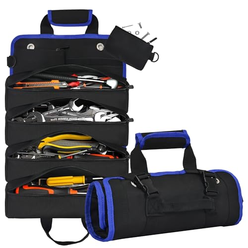 Tool Bag Organizers, Multi-Pockets Heavy Duty Roll Up Tool Organizer for Dad Tool Pouches Portable Tool Storage Box with 2 Zipper Small Tool Bag Carrier Bag ﻿ (ROLL-Blue)