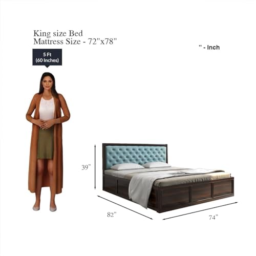 Image of DRIFTINGWOOD Dolvi Solid Sheesham Wood King Size Bed with Storage | Wooden Double Bed Cot Bed with Box Storage & Cyan Velvet Upholstered Cushioned Headboard for Bedroom | Walnut Finish