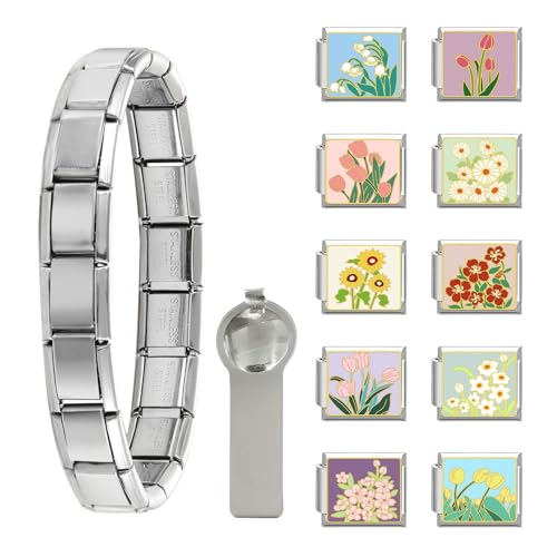 papasgix Italian Charm Bracelet Gold Silver Set with Starter Brascelet, Assorted Charms and Opening Tools, 9mm Modular Italian Charm Bracelet Links Handmade DIY Jewelry Gifts(Silver Blue)