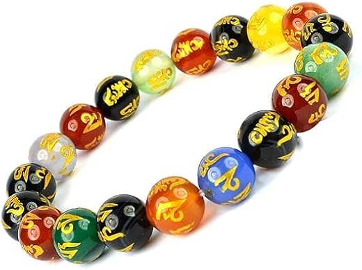 PDY FASHION 7 Chakra Om Mani Padme Hum Bracelet Tibetan Mantra Bead Bracelet, Multicolour Glass Beads with Gold Script, Sp...
