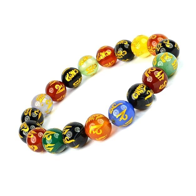 PDY FASHION 7 Chakra Om Mani Padme Hum Bracelet Tibetan Mantra Bead Bracelet, Multicolour Glass Beads with Gold Script, Sp...