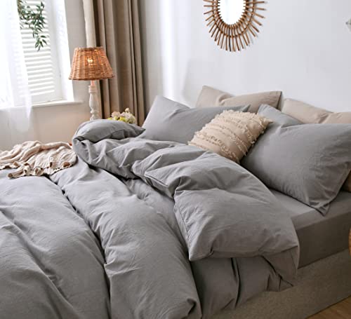 Image of MooMee Bedding Duvet Cover Set 100% Washed Cotton Linen Like Textured Breathable Durable Soft Comfy (Light Grey, Twin)
