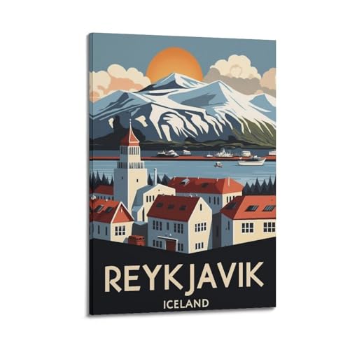 Poster Reykjavik Islande toile sommets enneigés idyllique