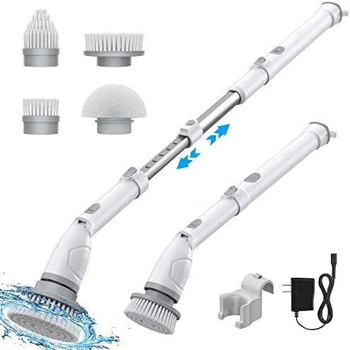 Voweek Electric Spin Scrubber, Power Scrubber with 4 Replaceable Brush Heads and Adjustable Extension Arm, Cordless Household Cleaning Brush for Bathroom Tub Tile Floor