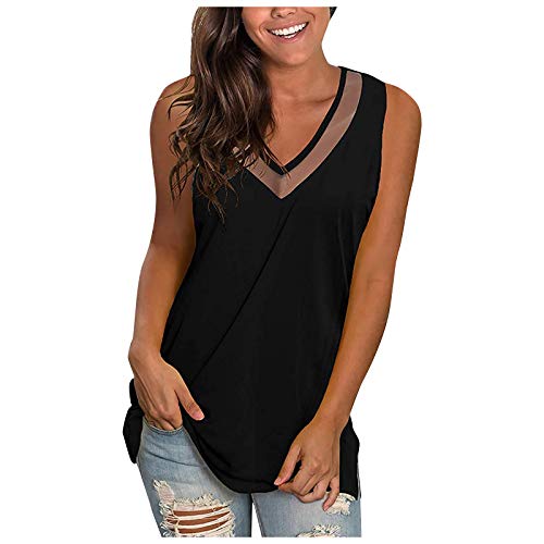 Preisvergleich Produktbild KIMODO Damenmode Weste Spaghettiträger V-Ausschnitt Spitze Camisole Casual Solid Strap Ärmellose Weich Tanktops Lässige Einfarbige Bluse (A-Schwarz, M)