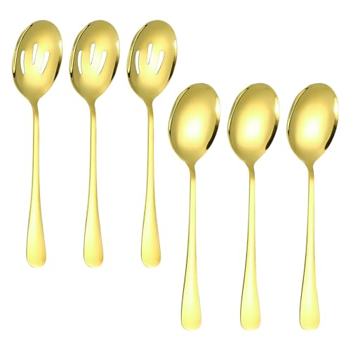 Juego de cucharas para servir doradas de 22 cm, 6 piezas para servir ensaladas. El juego de cubiertos de acero inoxidable incluye 3 cucharas para servir