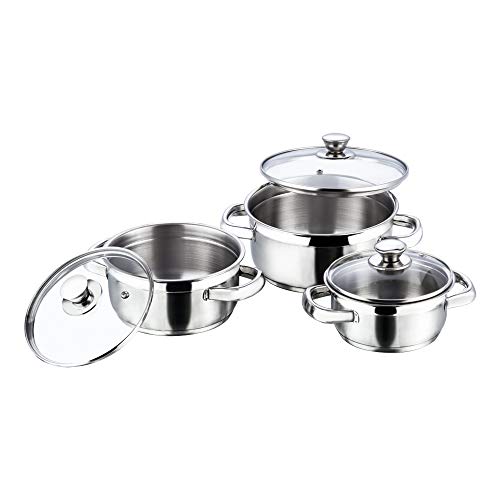 Vinod Bremen Stainless Steel Stockpot Set of 3 (1 L, 1.5 L & 2 L) with Glass Lids | Casserole Pots for Soup, Stew & Broth | 2.5mm Thick Base, Sturdy Handles | Induction & Gas Compatible
