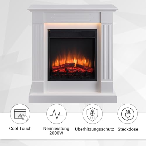 BALDERIA Elektrokamin Ladina - Elektrischer Standkamin mit 3D-Flammeneffekt, Elektro Heizung 2000W, LED-Beleuchtung, Fernbedienung, Timer & Thermostat - Weiß